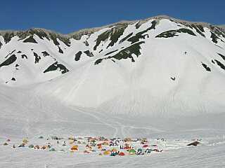 立山連山をバックに、雷鳥沢にはカラフルなテント村が　　　03.5.4